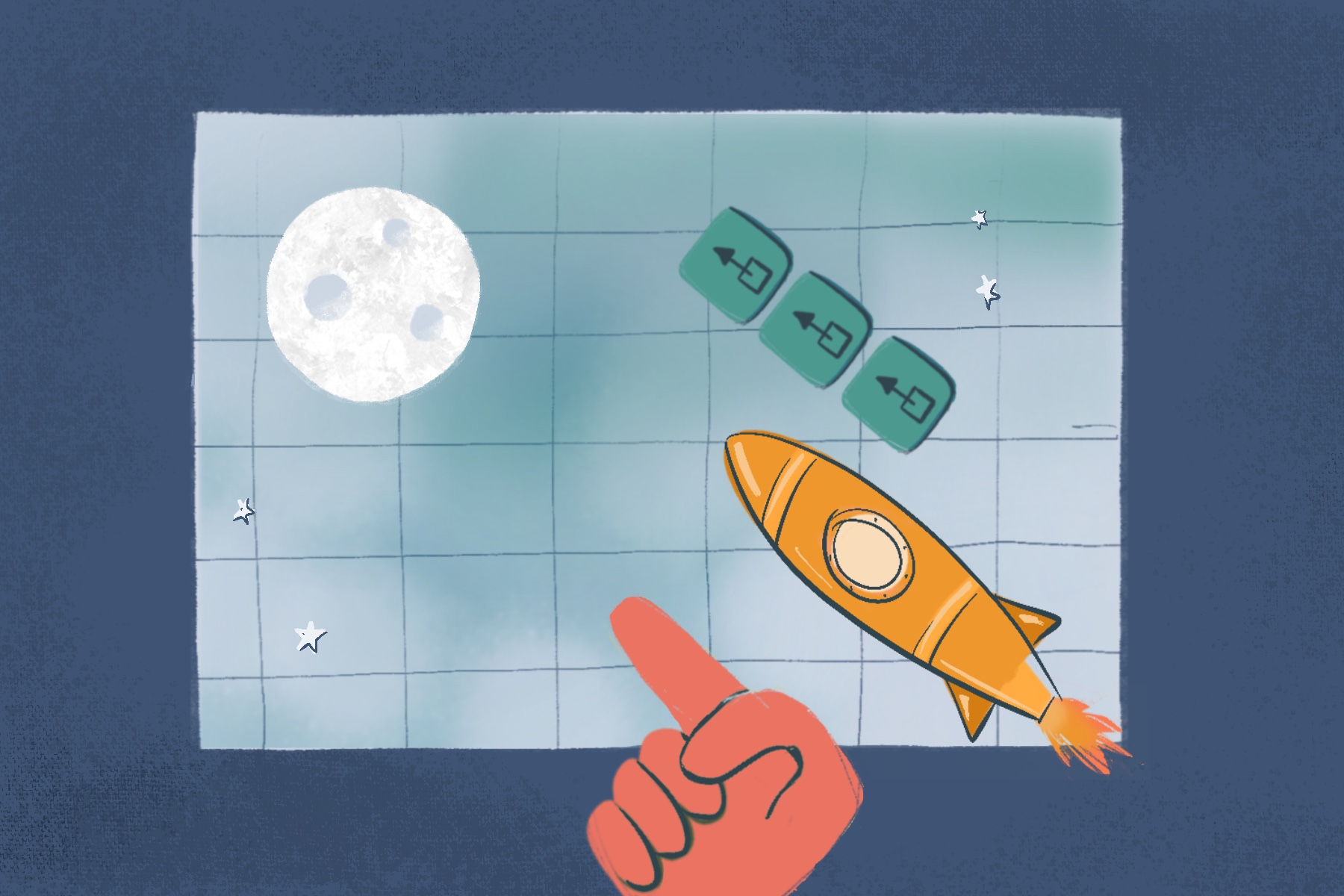Illustration of hand showing the way to the moon to a spaceship.