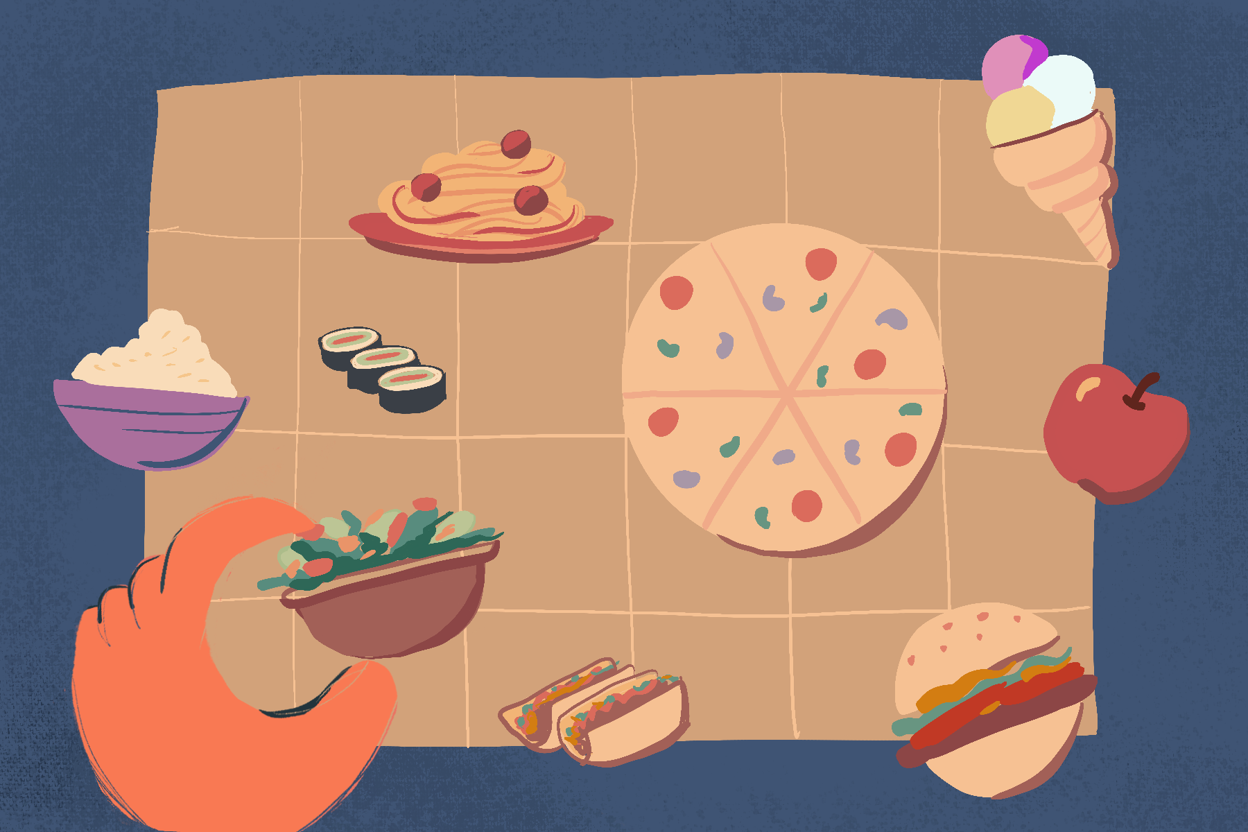 An illustration showing the Weavll grid with different food otems on it, such as a pizza, spaghetti and meat balls, ice cream, a bowl of rice, a bowl of salad, tacos, and a burger. There is a hand moving the salad bowl.