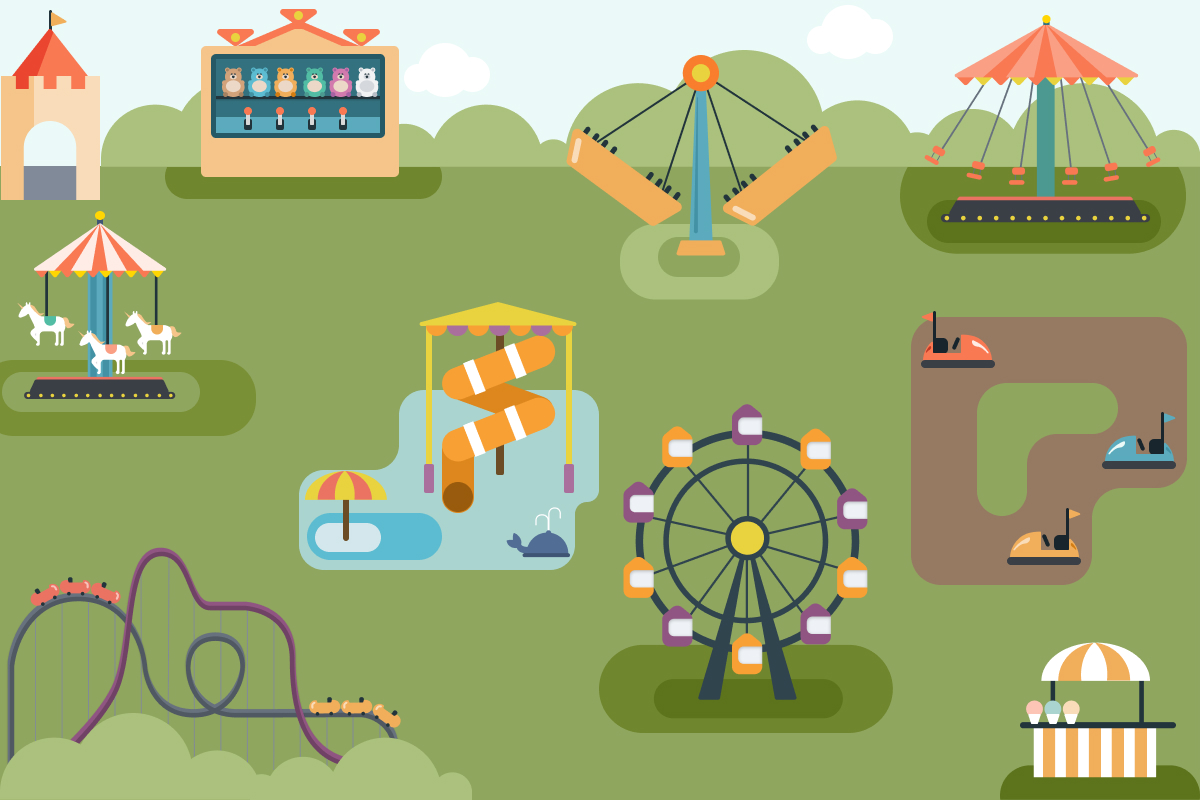 An illustration of an amusement park with several rides. 